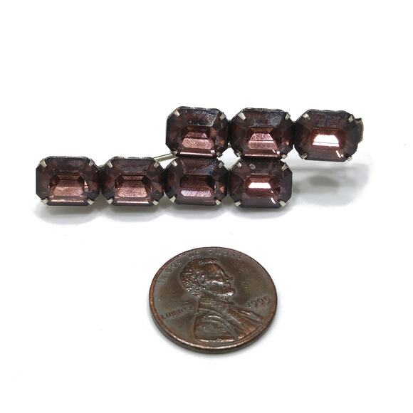 Antique Art Deco Purple Glass Double Bar Brooch, Prong Set, C Clasp, 1920s - Picture 8 of 10